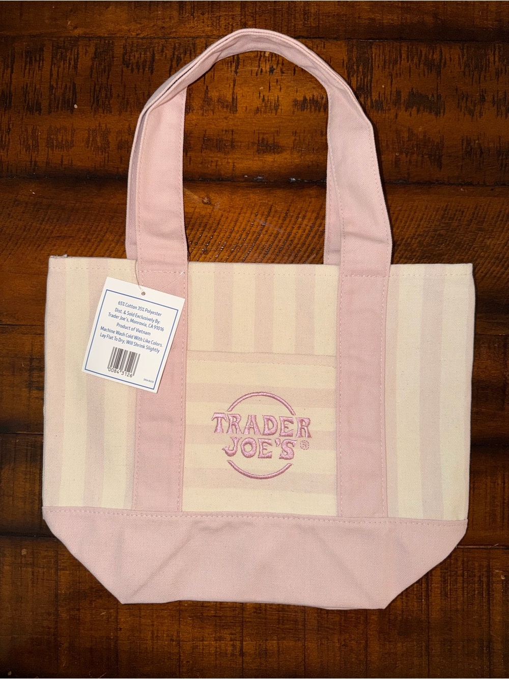 MINI NWT Trader Joe’s Summer Striped Mini Canvas Tote Bag - Cream & Pink - Picture 2 of 5